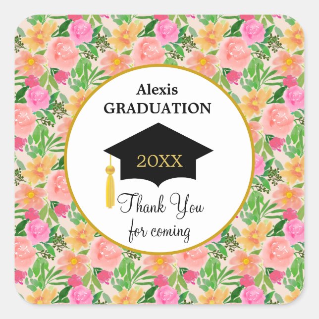 Watercolor pink flowers graduation thank you square sticker (Front)