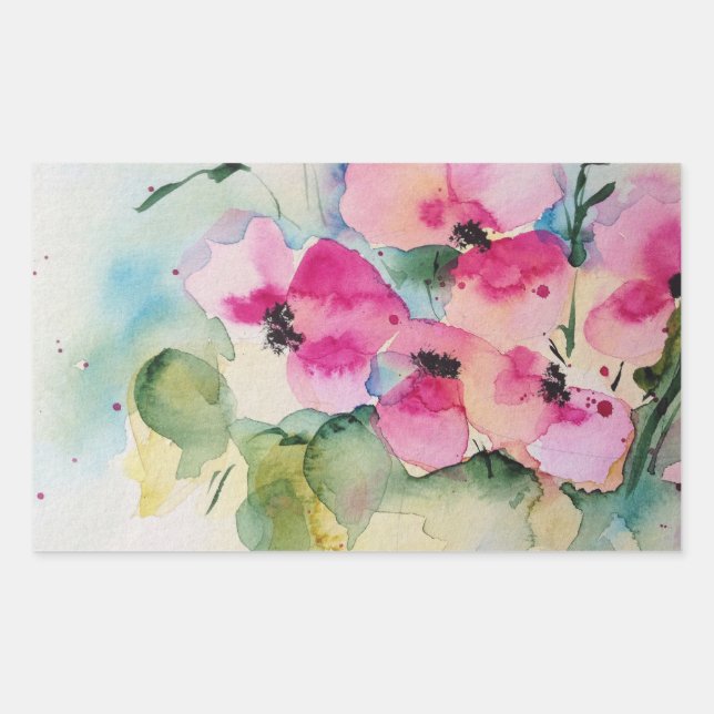 Watercolor pink flowers in the vase rectangular sticker (Front)