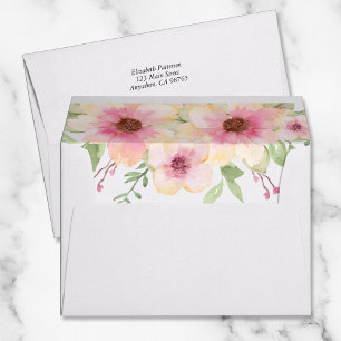 Watercolor Pink Flowers Lined Envelope