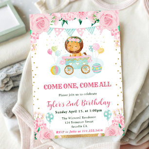 Watercolor Pink Flowers Lion Kids Birthday Invitation