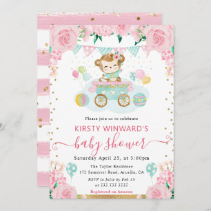 Watercolor Pink Flowers Monkey Baby Shower Invitation