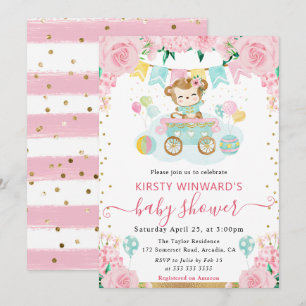 Watercolor Pink Flowers Monkey Baby Shower Invitation