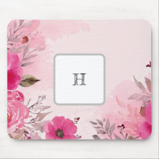 Watercolor Pink Flowers on a Monogram Mousepad