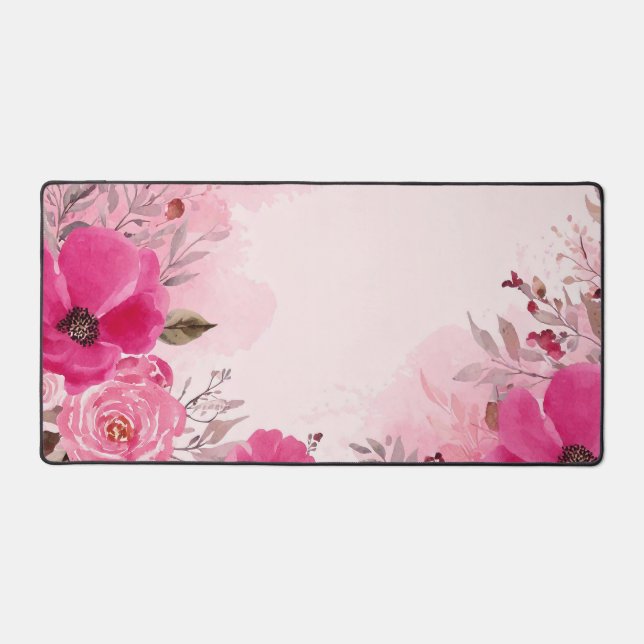 Watercolor Pink Flowers on a Monogrammed pink  Desk Mat (Front)
