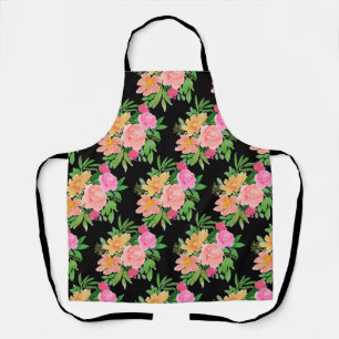 Watercolor pink flowers on black apron