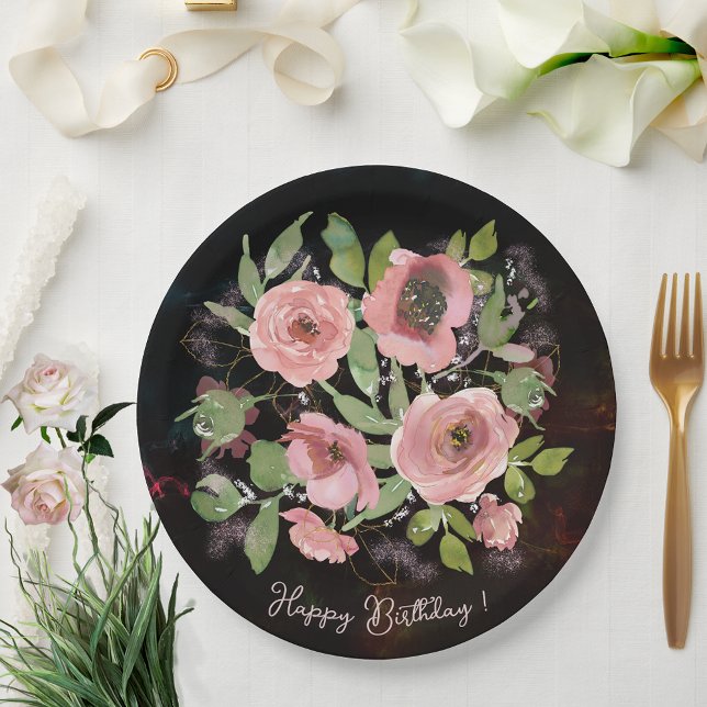 Watercolor Pink flowers on Black Paper Plate (Watercolor Pink flowers on Black Paper Plates)