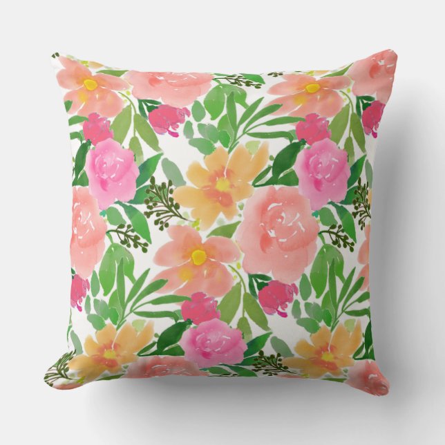 Watercolor Pink Flowers on White Cushion (Front)