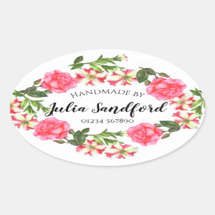 Watercolor Pink Flowers Oval Wreath Design Sticker