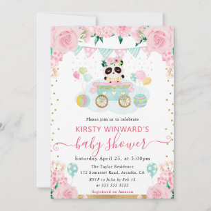 Watercolor Pink Flowers Panda Baby Shower Invitation