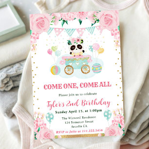 Watercolor Pink Flowers Panda Kids Birthday Invitation