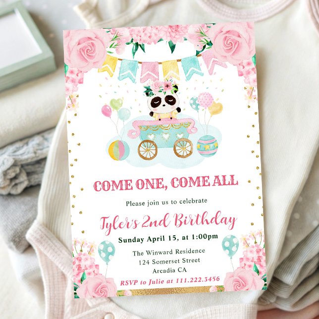 Watercolor Pink Flowers Panda Kids Birthday Invitation (Creator Uploaded)