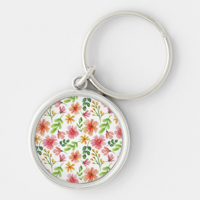 Watercolor Pink Flowers Pattern-69677 Key Ring (Front)