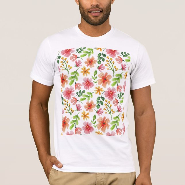 Watercolor Pink Flowers Pattern-69677 T-Shirt (Front)