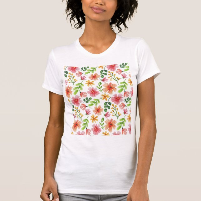 Watercolor Pink Flowers Pattern-69677 T-Shirt (Front)