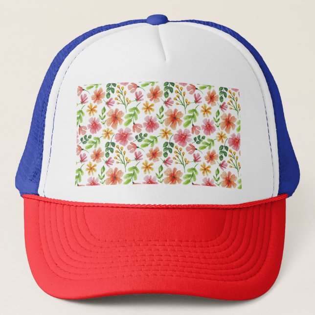 Watercolor Pink Flowers Pattern-69677 Trucker Hat (Front)
