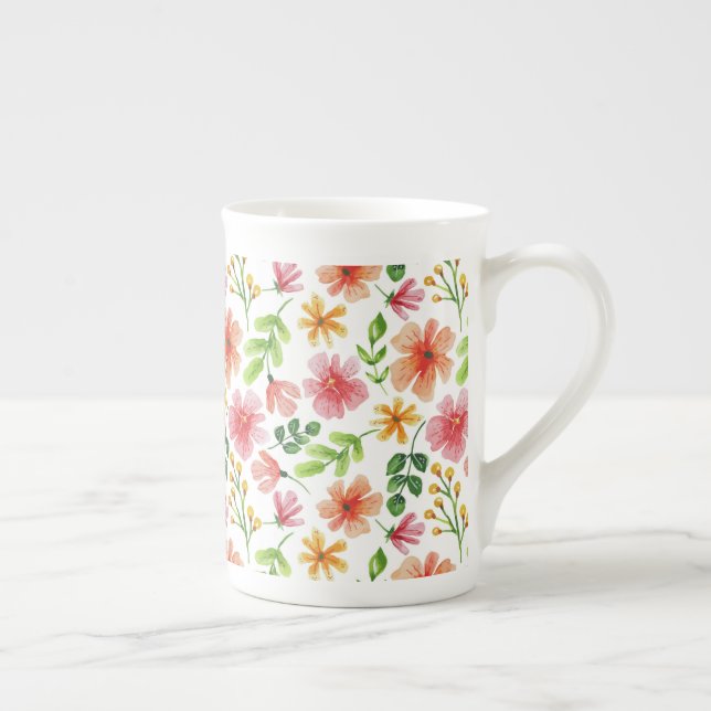 Watercolor Pink Flowers Pattern Bone China Mug (Right)