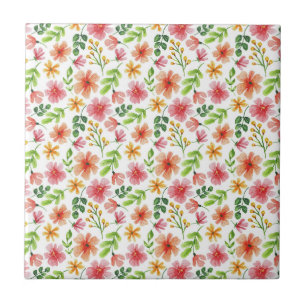 Watercolor Pink Flowers Pattern Ceramic Tile