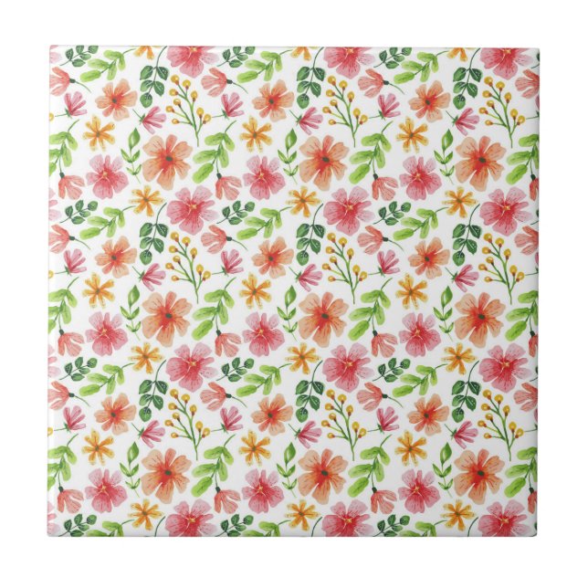 Watercolor Pink Flowers Pattern Ceramic Tile (Front)