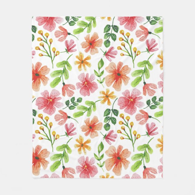 Watercolor Pink Flowers Pattern Fleece Blanket (Front)
