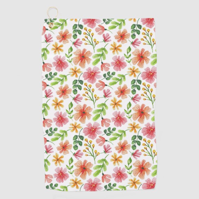 Watercolor Pink Flowers Pattern Golf Towel (Front)
