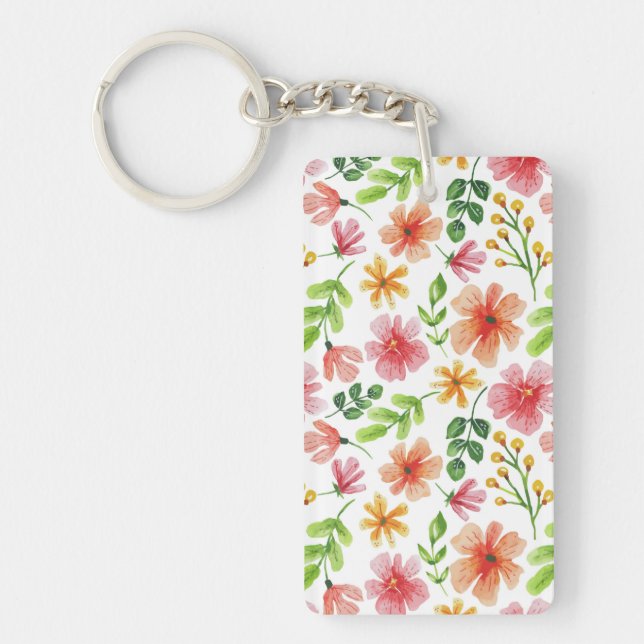 Watercolor Pink Flowers Pattern Key Ring (Front)