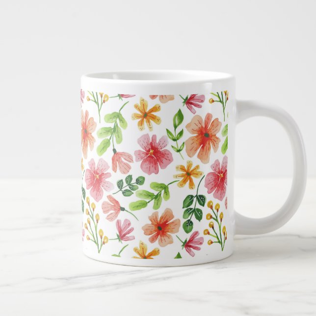 Watercolor Pink Flowers Pattern Large Coffee Mug (Right)
