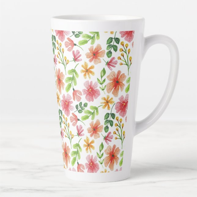 Watercolor Pink Flowers Pattern Latte Mug (Right)