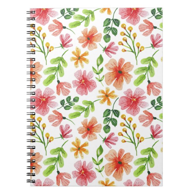 Watercolor Pink Flowers Pattern Notebook (Front)