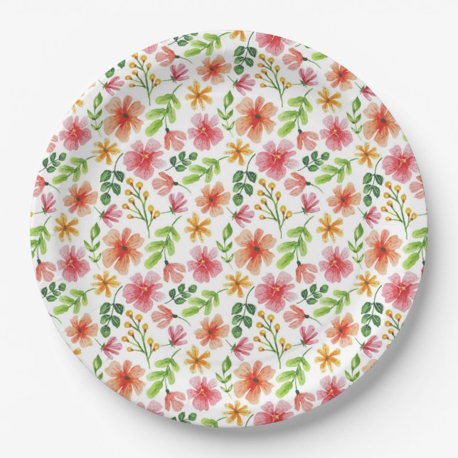 Watercolor Pink Flowers Pattern Paper Plate (Front)