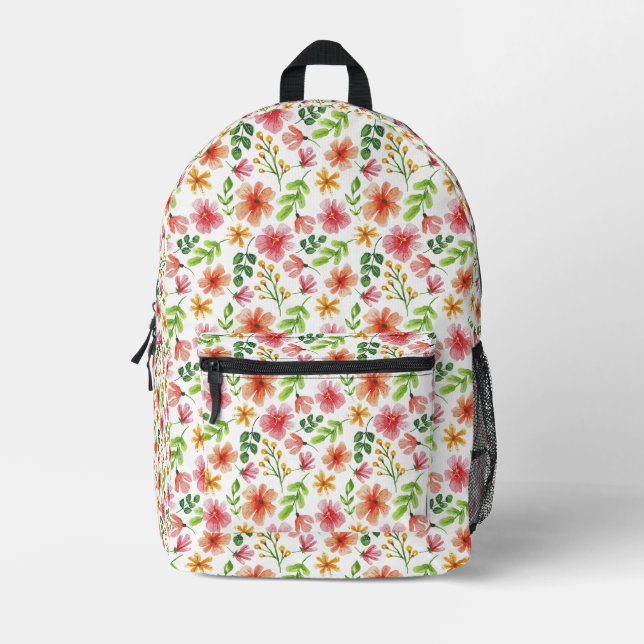 Watercolor Pink Flowers Pattern Printed Backpack (Front)