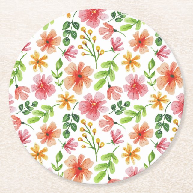 Watercolor Pink Flowers Pattern Round Paper Coaster (Front)