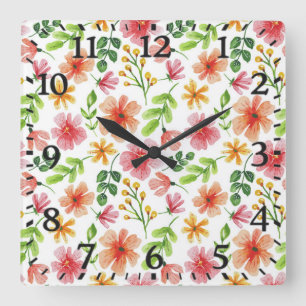 Watercolor Pink Flowers Pattern Square Wall Clock