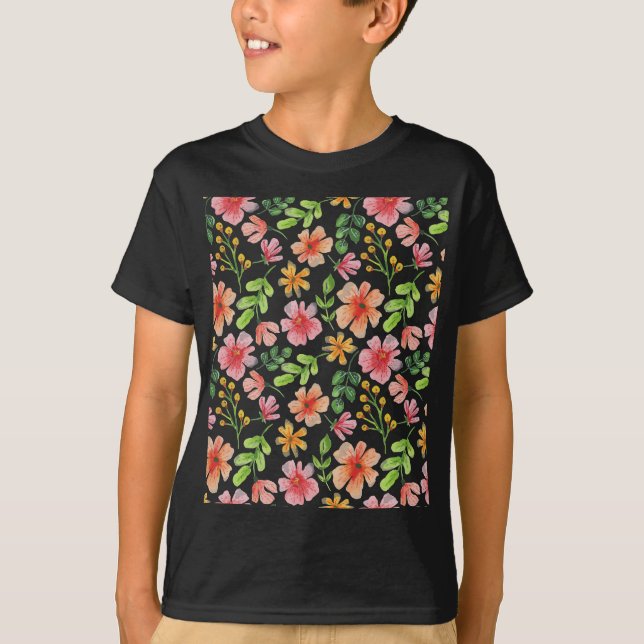 Watercolor Pink Flowers Pattern T-Shirt (Front)