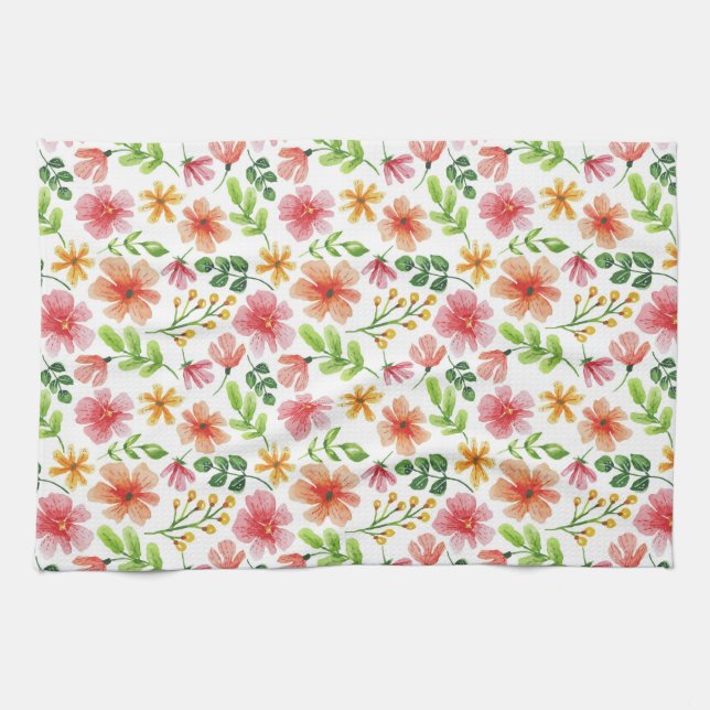 Watercolor Pink Flowers Pattern Tea Towel (Horizontal)
