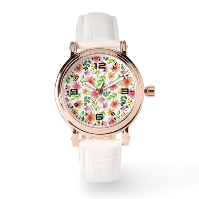 Watercolor Pink Flowers Pattern Watch (Front)
