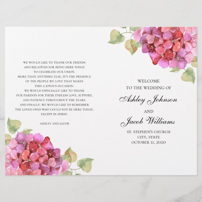 Watercolor pink flowers program. Floral wedding (Front)