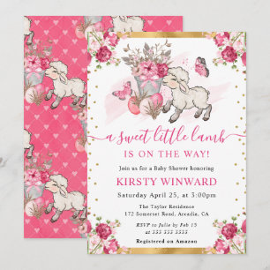 Watercolor Pink Flowers Spring Lamb Baby Shower Invitation