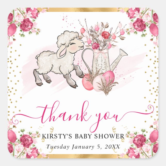Watercolor Pink Flowers Spring Lamb Baby Shower Square Sticker (Front)