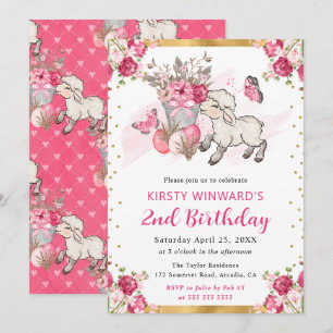 Watercolor Pink Flowers Spring Lamb Birthday Invitation