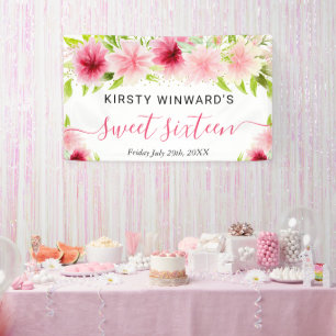 Watercolor Pink Flowers Sweet Sixteen Welcome Banner