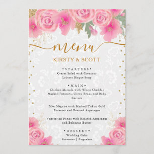 Watercolor Pink Flowers Wedding  Menu