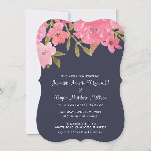 Watercolor Pink Flowers Wedding Rehearsal Dinner Invitation (Front)