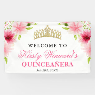 Watercolor Pink Flowers Welcome Quinceanera Banner