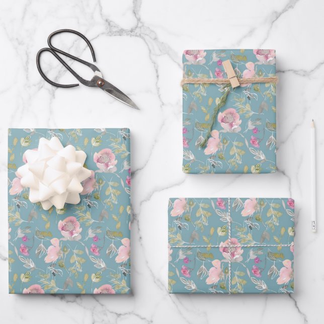 Watercolor Pink Flowers Wrapping Paper Sheet (Front)