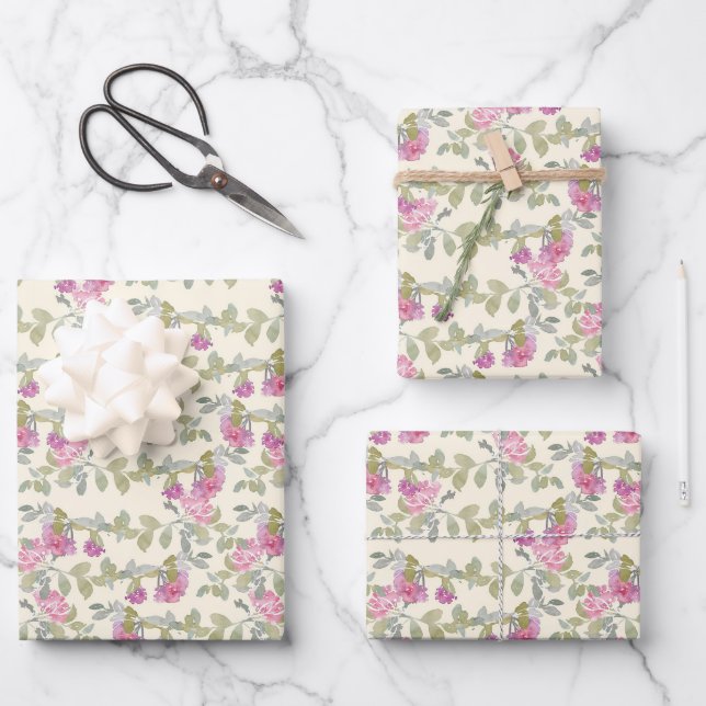 Watercolor Pink Flowers Wrapping Paper Sheets (Front)