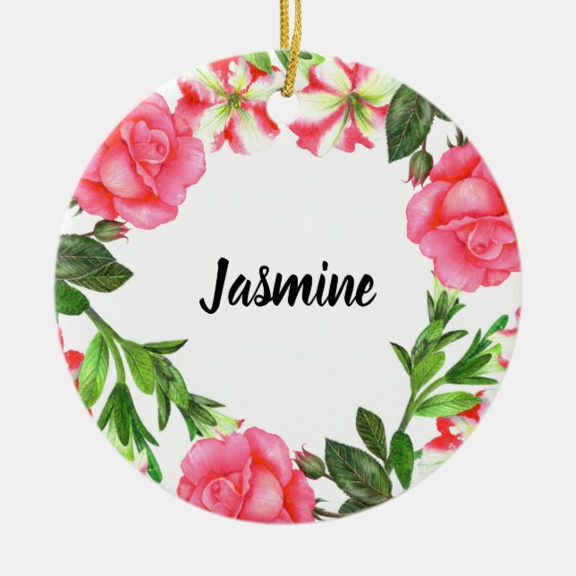Watercolor Pink Flowers Wreath Circle Ceramic Ornament (Front)