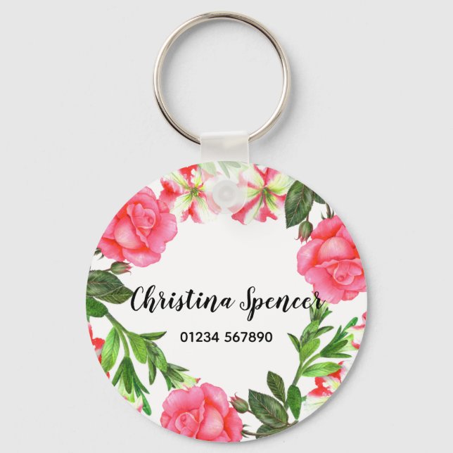 Watercolor Pink Flowers Wreath Circle Key Ring (Front)