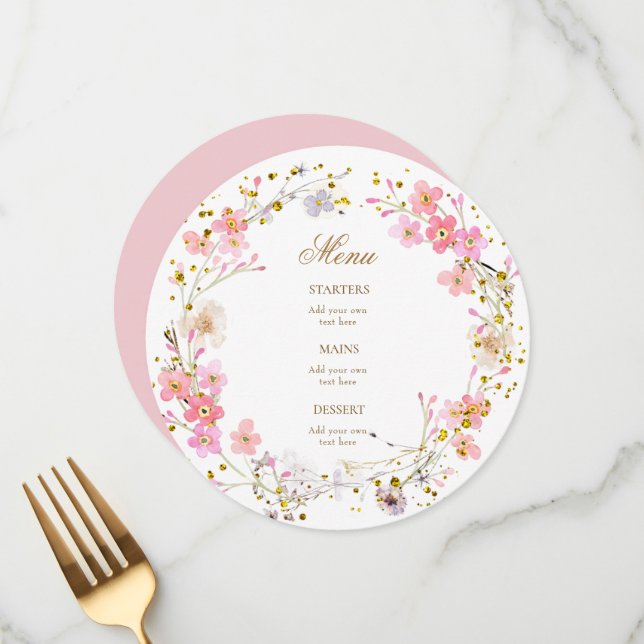 watercolor pink flowers wreath menu (Front/Back In Situ)