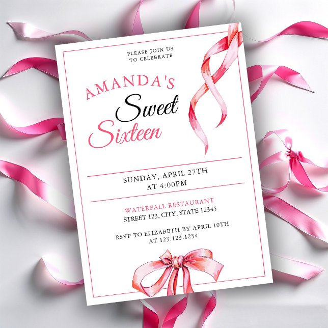 Watercolor Pink Flowing Ribbon Sweet 16 Birthday Invitation (Creator Uploaded)