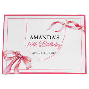 Watercolor Pink Flowing Ribbon Sweet 16 Birthday Large Gift Bag